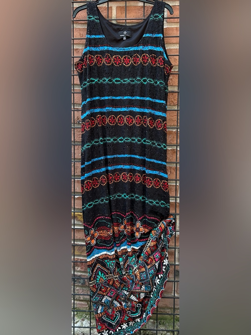 Ronni Nicole Black Lace Tank Dress with Red, Teal & Blue Embroidery